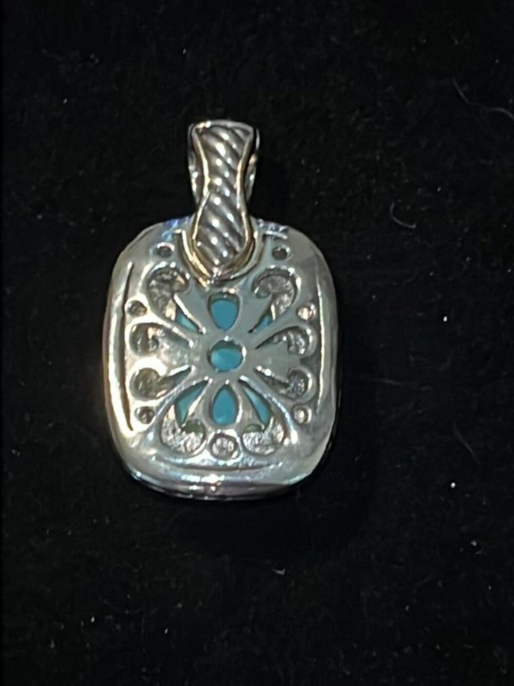Rectangle Turquoise Set in Silver Tone Rope Frame Pendant - Picture 2 of 2